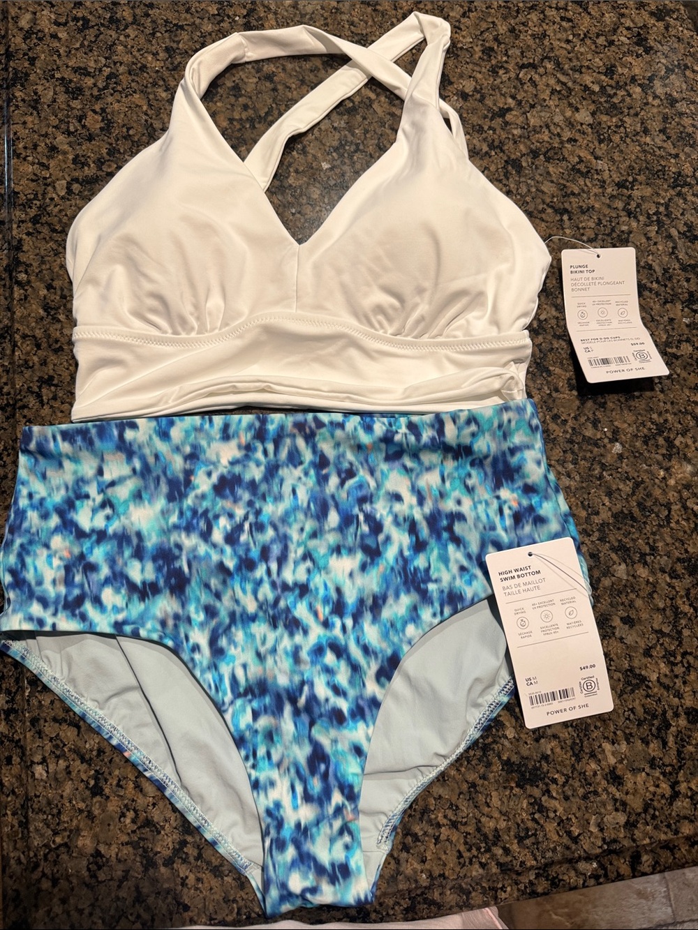 Athleta White Cross-Back Bikini Top & Blue Multi-Print High-Waist Bottoms